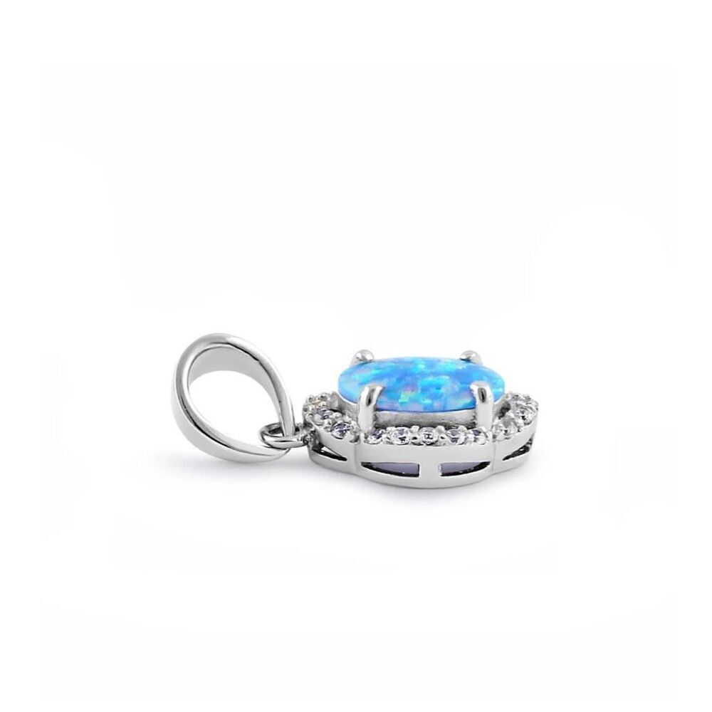 Sterling Silver Elegant Blue Lavender Lab Opal Oval Halo CZ Necklace Pendant New - Picture 4 of 4